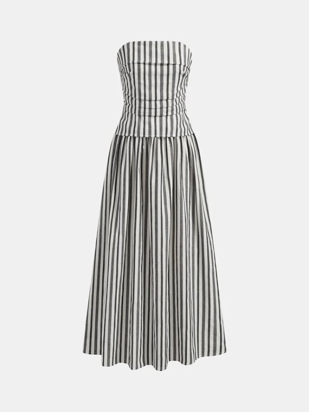 Commense Striped Strapless Cotton Linen Ruched Dress, XS